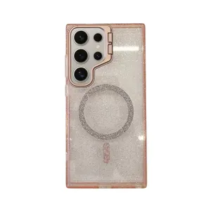 Capa Capinha Case Brilho Glitter Luxo Premium Magsafe Magnética Com Suporte Braket Para Samsung - Rosa - S25