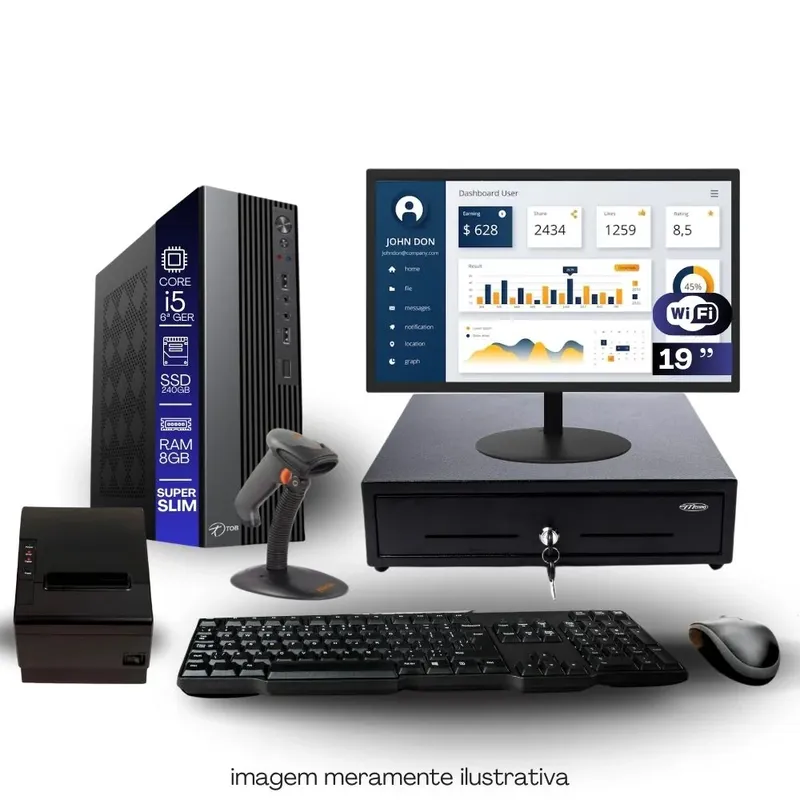 Kit Automação Pdv Tob I3 4ªg 8GB SSD 240GB Win10 Rede S/fio Teclado Mouse Monitor 15" Gvt. Dinheiro Imp. Térmica Leitor Cód Barras