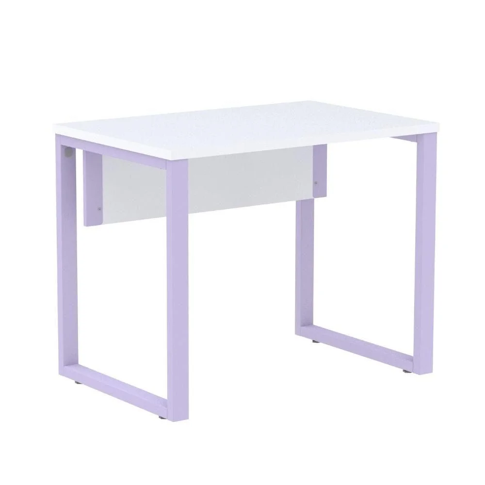 Mesa Escritório P25 Tub Pandin 90 Cm Largura Tampo Mdp Branco Pé Aço Tubular Lilás