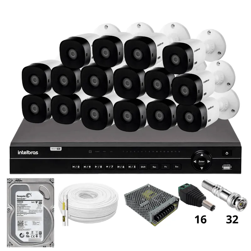 Kit 16 Câmeras 1120b Intelbras Dvr Intelbras Mhdx 1232 Hd 3TB