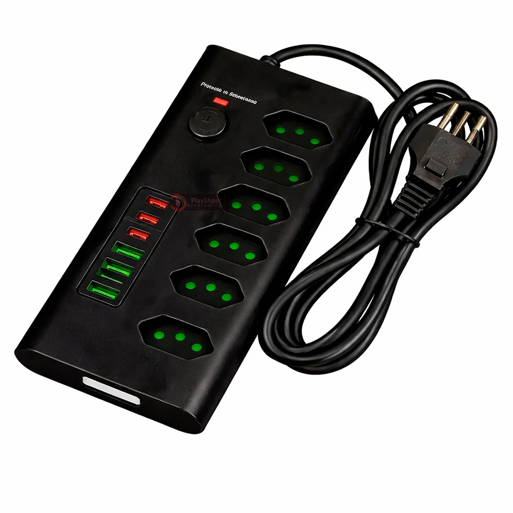 Filtro De Linha 6 Tomadas 10a 20a Dps, Extensão Elétrica 2m Bivolt Tripolar Regua De Energia C/ 6 Usb Rapido, Usb Tipo C