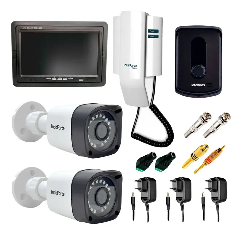 Kit Porteiro Eletrônico Intelbras + 02 Câmeras Bullet Tudo Forte + Monitor 7 " Lcd Colorido