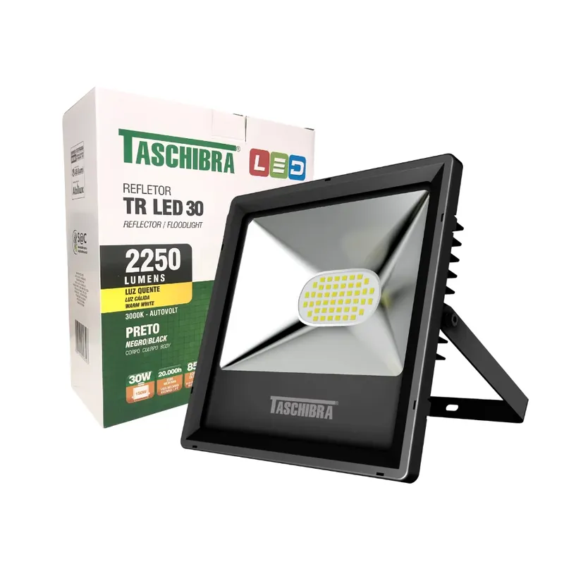 Refletor Taschibra LED TR 30W, 3000K, Amarelo Quente, Bivolt, Preto