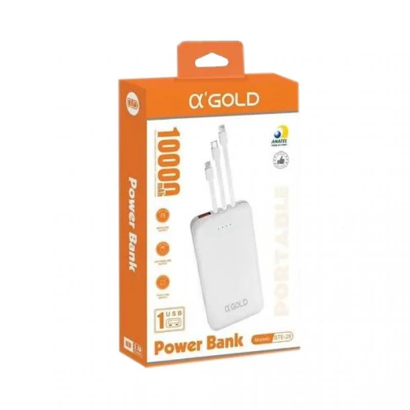 Power Banck Agold 10000mah Portatil Com Cabos Imbutidos Micro Lighting E Tipo C