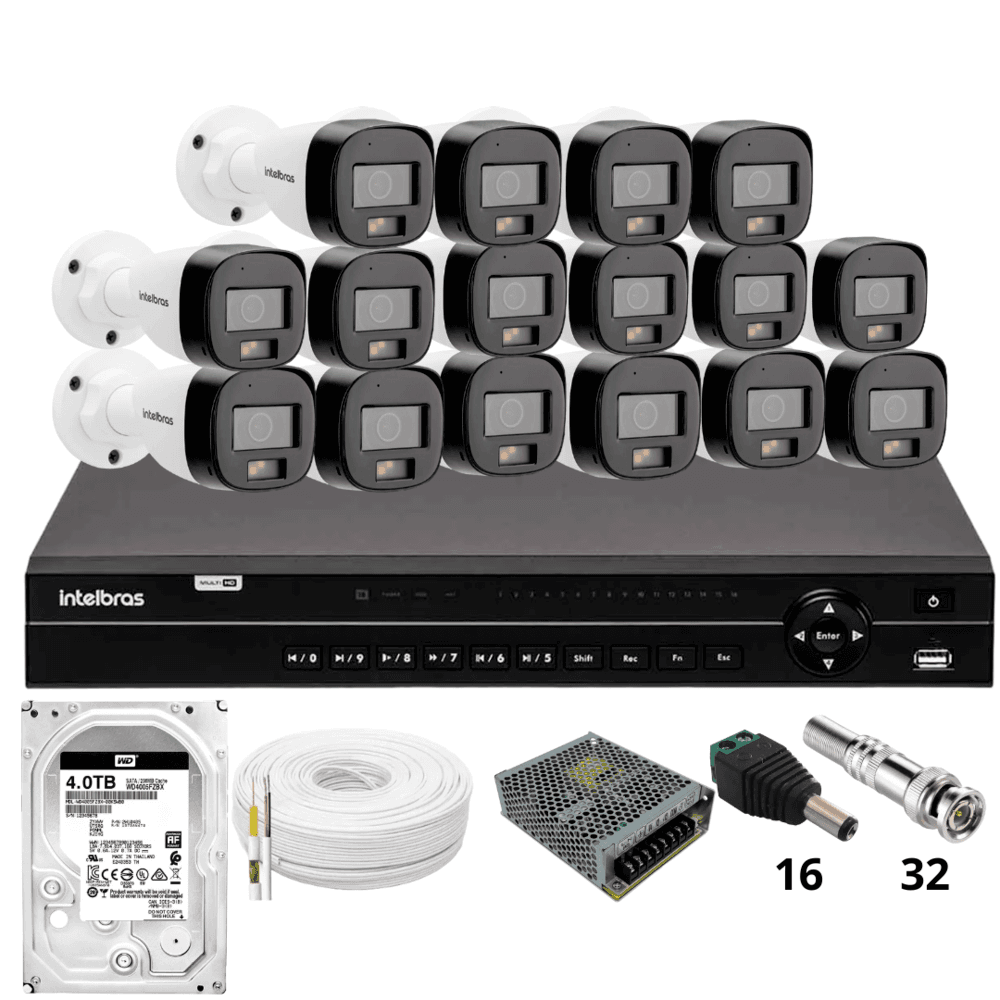 Kit 16 Câmeras Intelbras 3220b Full Color Com Áudio Dvr Intelbras Mhdx 1232 Hd 4TB