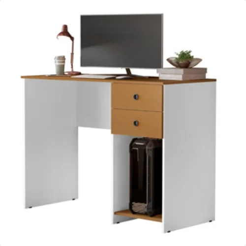 Escrivaninha Home Office Com 2 Gavetas E Espaço Para Gabinete Cor Branco Com Nature