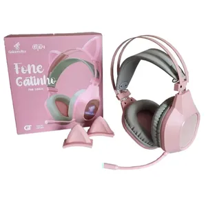 Headset Fone Gamer XBOX Ps4 Ps5 LED RGB Com Fio Gatinho Cor Rosa Goldenultra