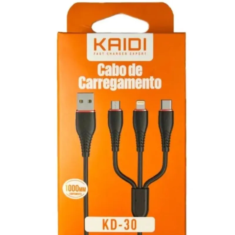 Cabo De Dados Kaidi 3 X 1 Micro USB, Tipo C e Lightning 3a, 1 Metro