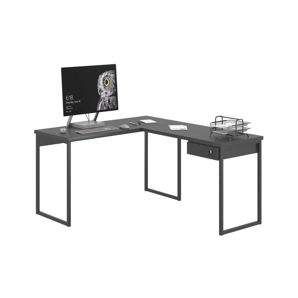 Mesa Em L Com 1 Gavetas Ferv Preto Onix