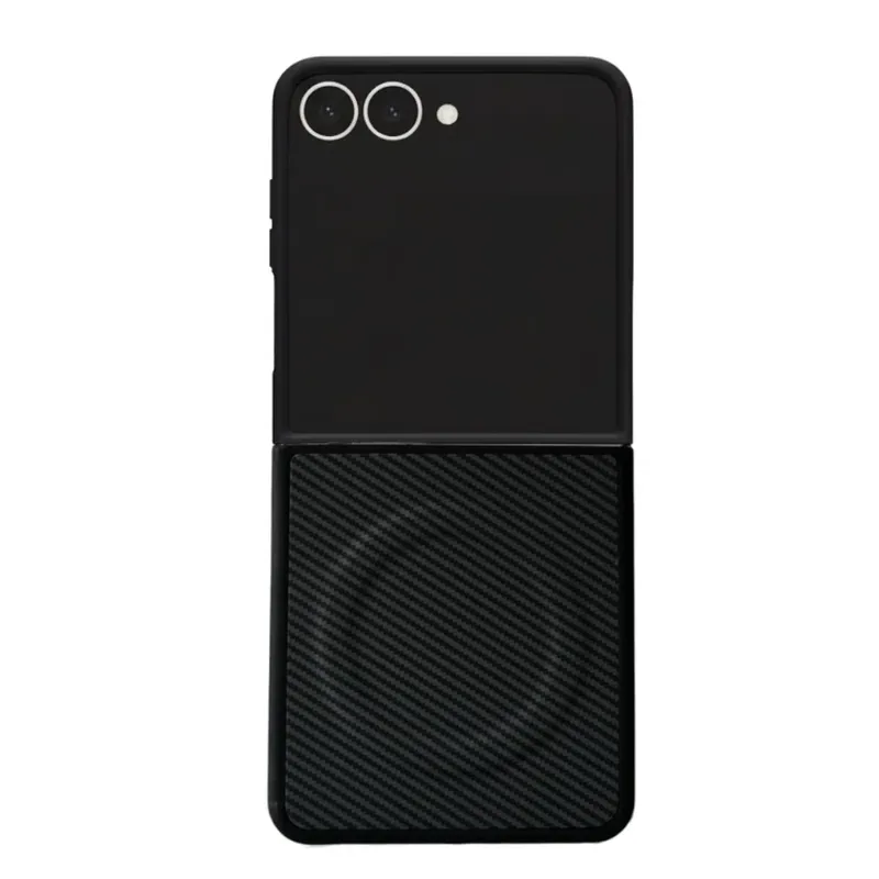 Capa Protetora para o Samsung Z Flip 7 com Carregamento Magnético em Fibra de Carbono - Compatível com Magsafe Cor: Preto