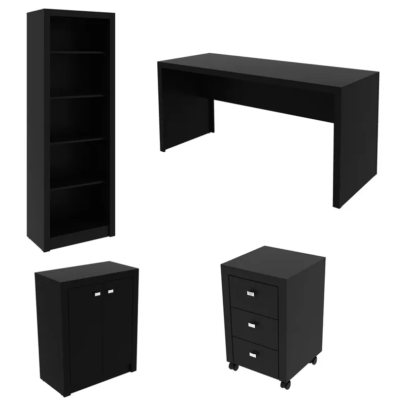 Conjunto Home Office 3 Peças Com 1 Mesa, 1 Gaveteiro E 1 Estante Para Livros Preto - Pnr Móveis