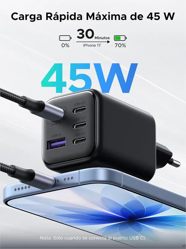 Carregador Ugreen 45w 5 ( Portas Gan ) Carregamento Super-rápido 2.0 Para Galaxy S26 S25 S24 S23 S22 Ultra Compatível Iphone 17 Pro Max Air 16 15 14