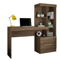 Escrivaninha Com Estante Office Com 2 Gavetas E 6 Prateleiras, P/ Escritório, Nogal Trend