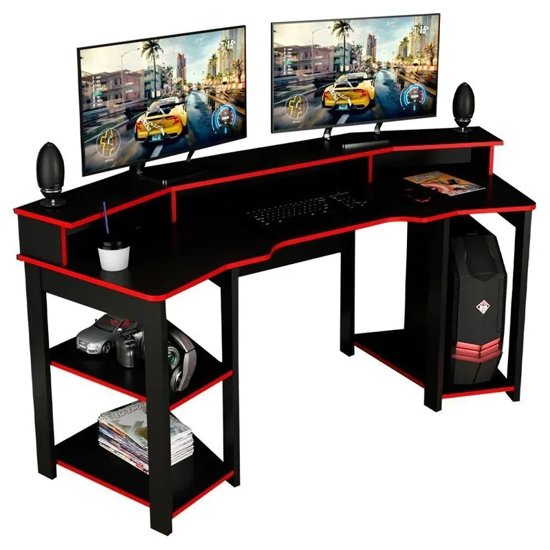 Mesa Gamer Cockpit 3 Prateleiras Preto Vermelho