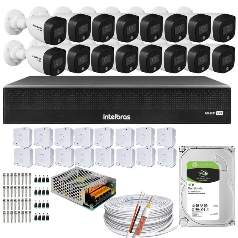 Kit 16 Cameras Intelbras,1220, Full Color, Dvr Mhdx 16 Ch, Color Noite