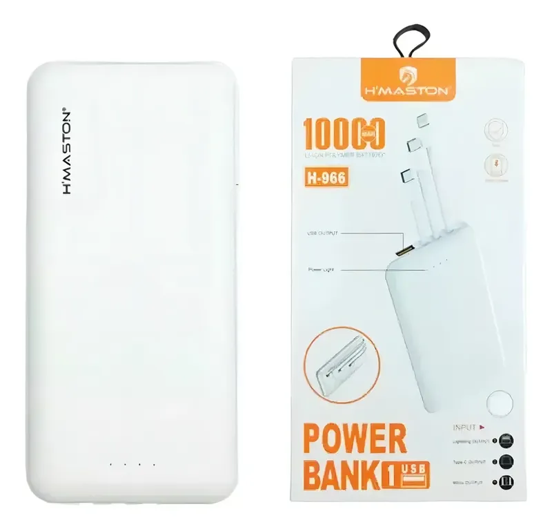 Carregador Portátil 10.000mah com 3 Cabos USB V8, TipoC, Lightning iOS