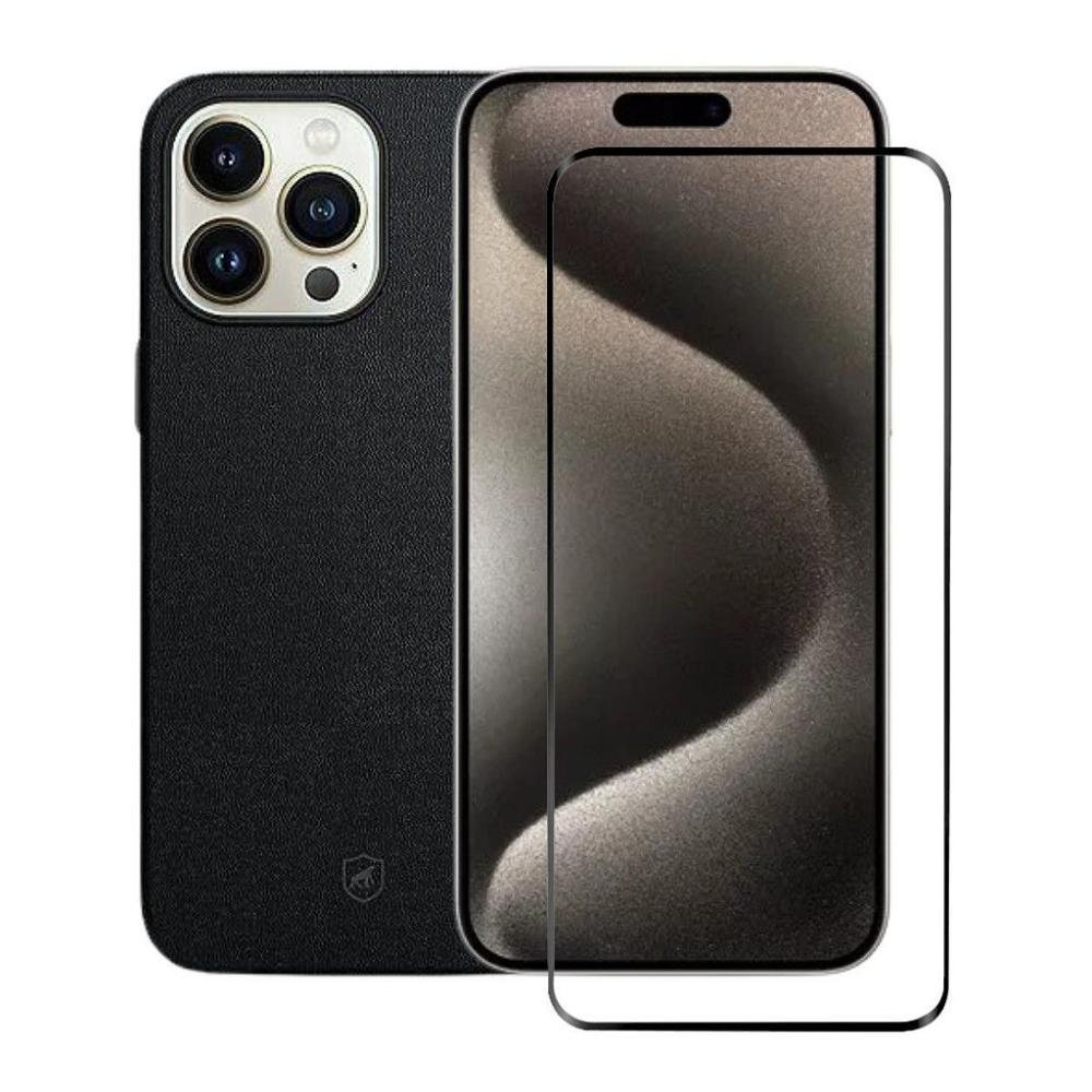 Kit Capa Couro Dual Preta E Pelicula Coverage 5d Pro Preta Para Iphone 15 Plus - Gshield