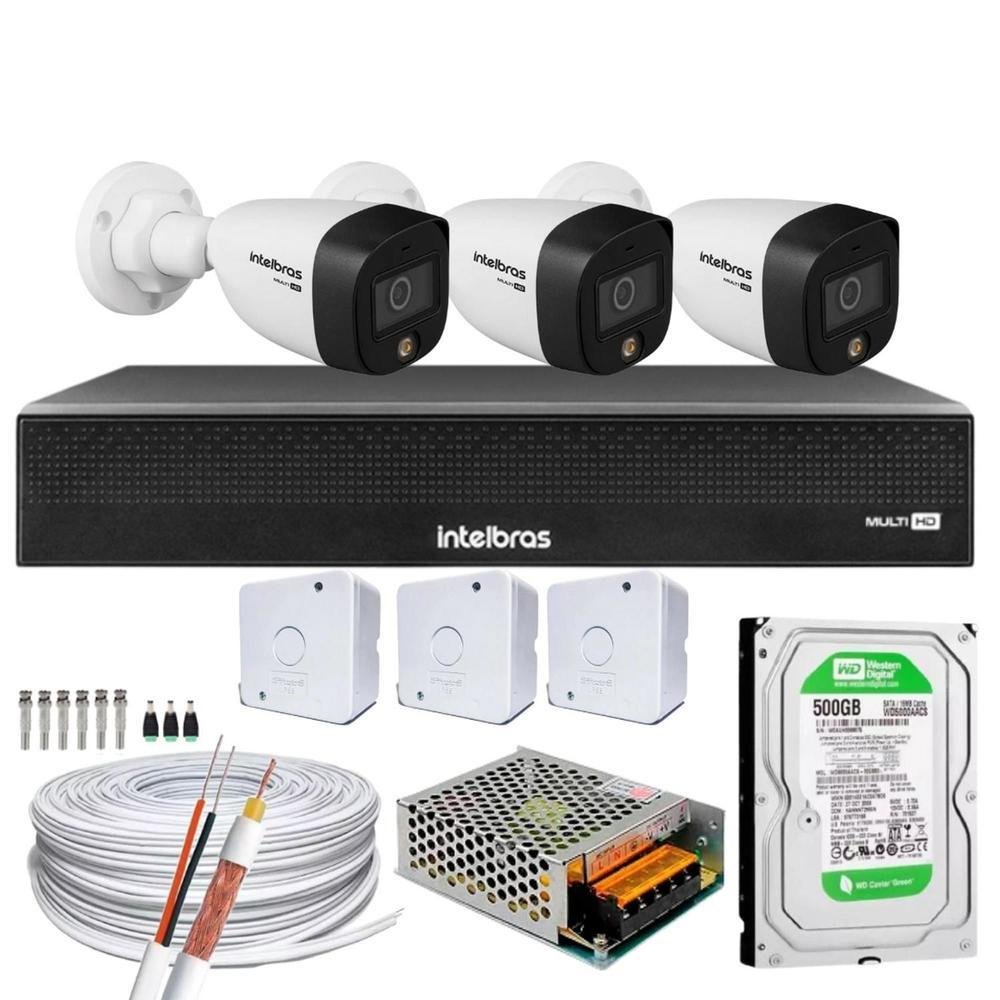 Kit 3 Cameras Full Color, Dvr Mhdx 4 Ch, Color Noite, 500GB