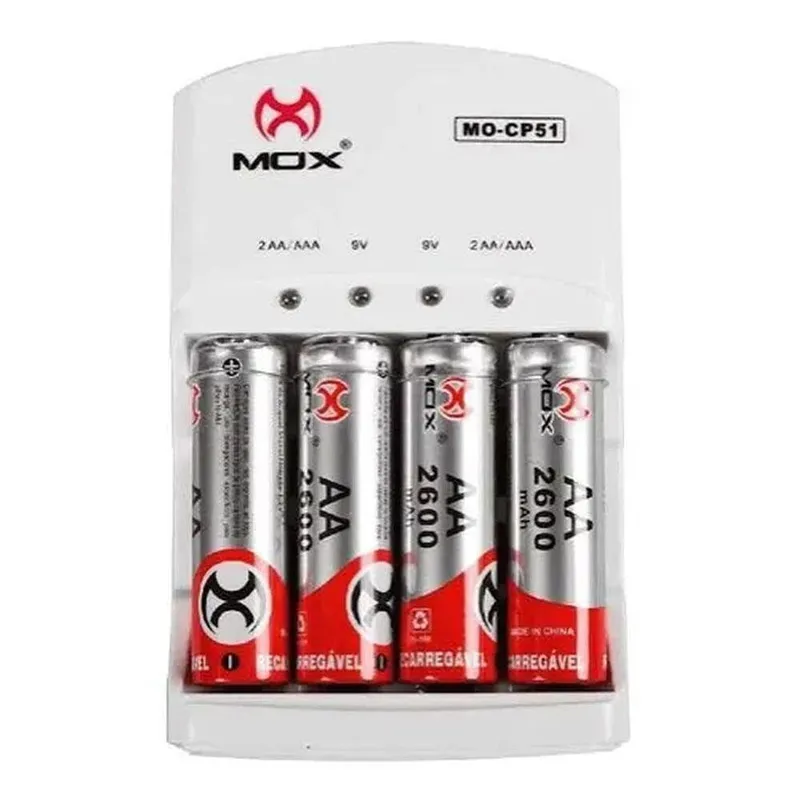Carregador De Pilhas Mox C/ 4 Pilhas Aa 2600mah - Mo-cp51