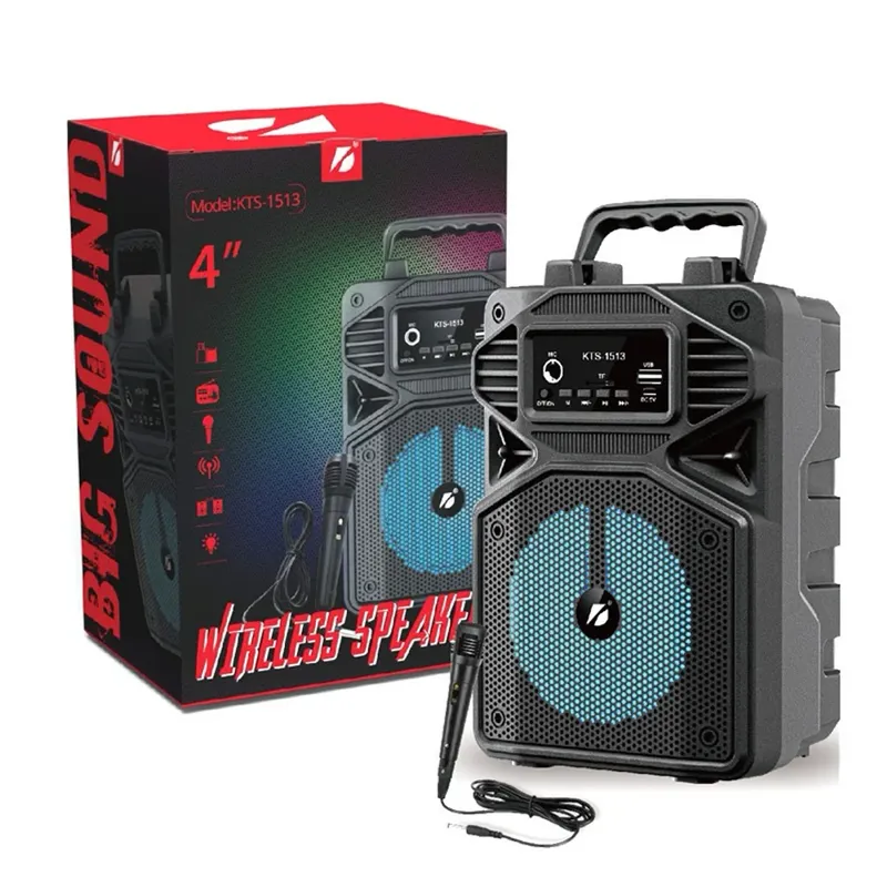 Caixa De Som Portátil Bluetooth, LED RGB, Rádio Fm, Karaokê Com Microfone, Usb, Micro Sd
