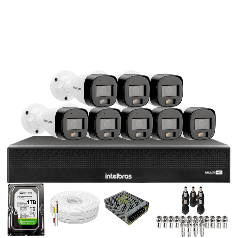 Kit 8 Câmeras Intelbras 3220b Full Color Com Áudio Dvr Mhdx 1016-c Intelbras Com Detecção De Movimentos Hd 1TB