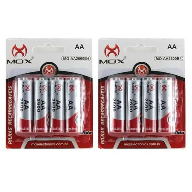 Kit 8 Pilhas Recarregável Mox Aa 2600mah - Pilha Pequena