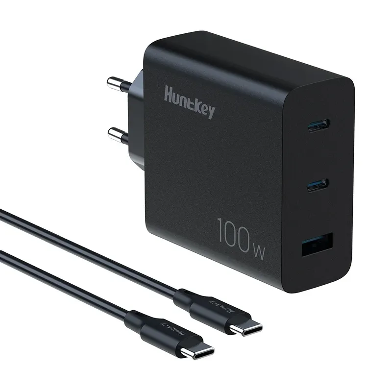 Carregador Usb A/c Huntkey 3 Em 1 100w + Cabo Usbc Preto