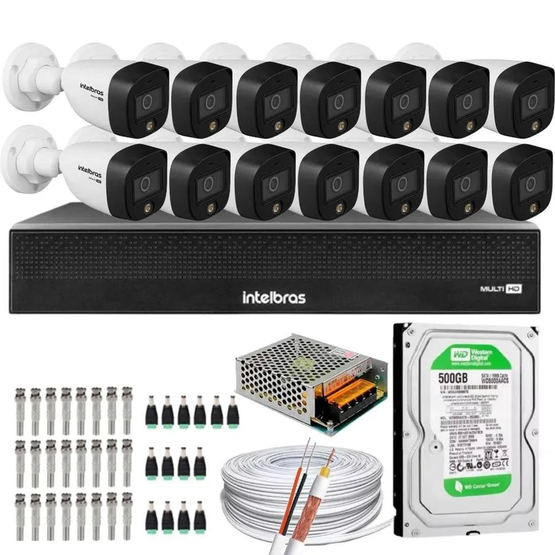 Kit 14 Cameras Intelbras, 1220 Full Color, Dvr Mhdx 16 Ch, Color Noite