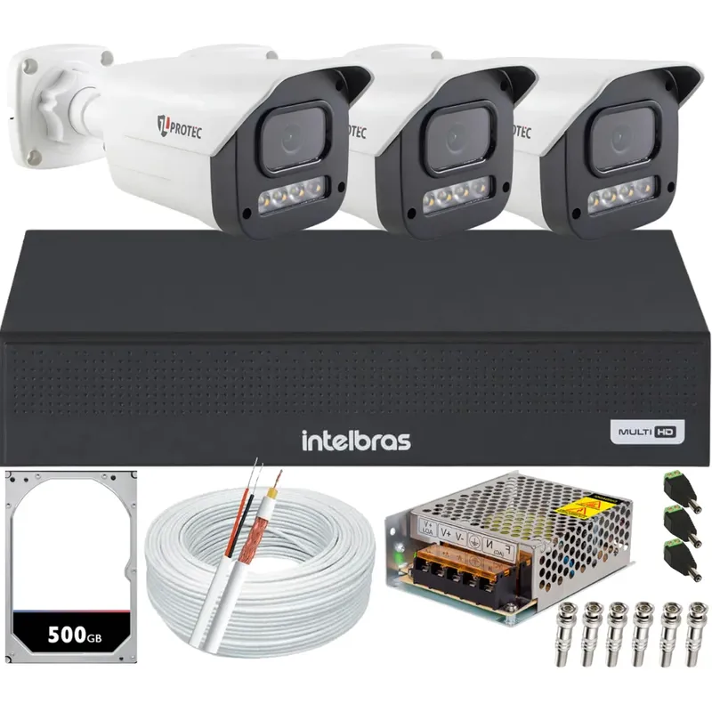 Kit 3 Câmeras 1080p Full Color C/áudio Dvr Intelbras 4ch 500gb