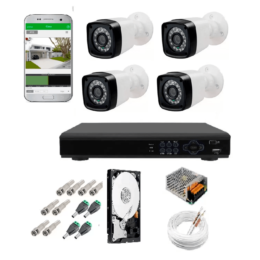 Kit Cftv 4 Câmeras Infravermelho Segurança 1mp 20m Dvr Full Hd 4 Ch C/ Hd C/ Conectores