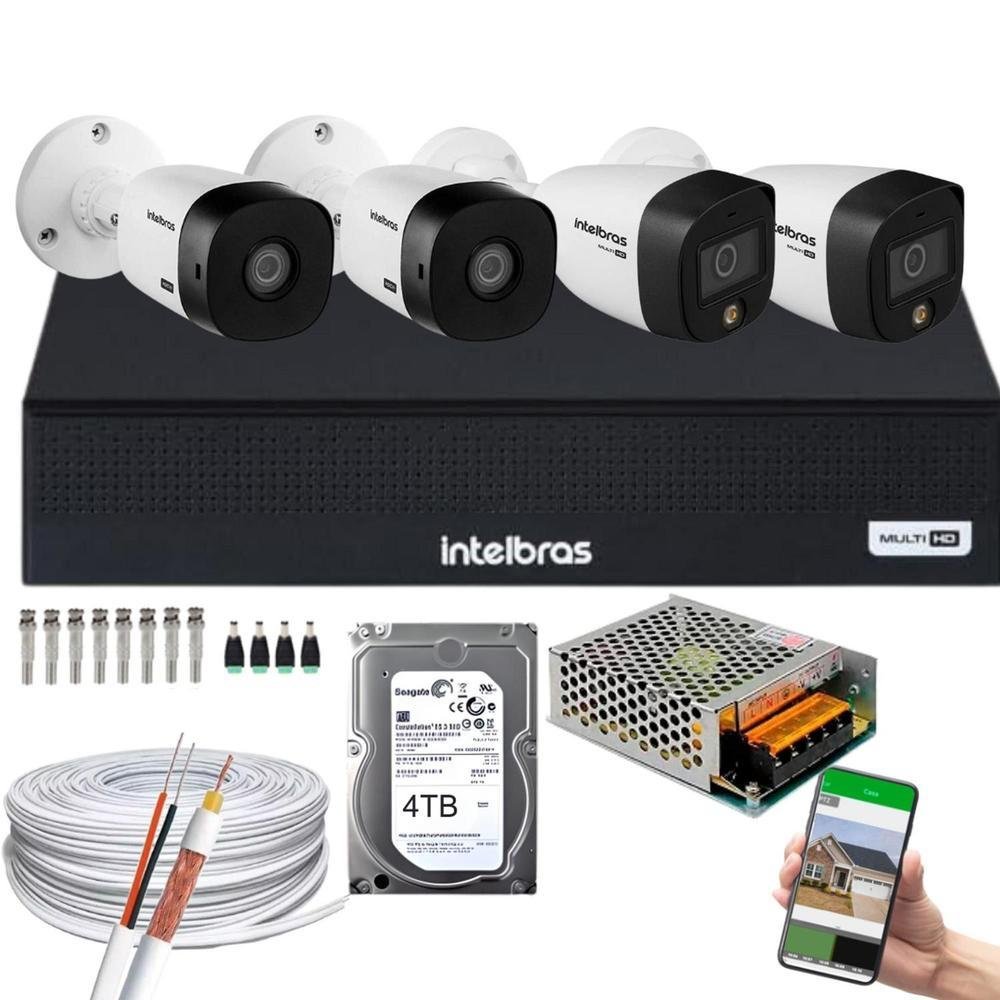 Kit Intelbras, 4 Câmeras, 2 Câmeras Full Color, 2 Câmeras 1220B FULL HD + DVR Mhdx 1008-c, HD 4TB