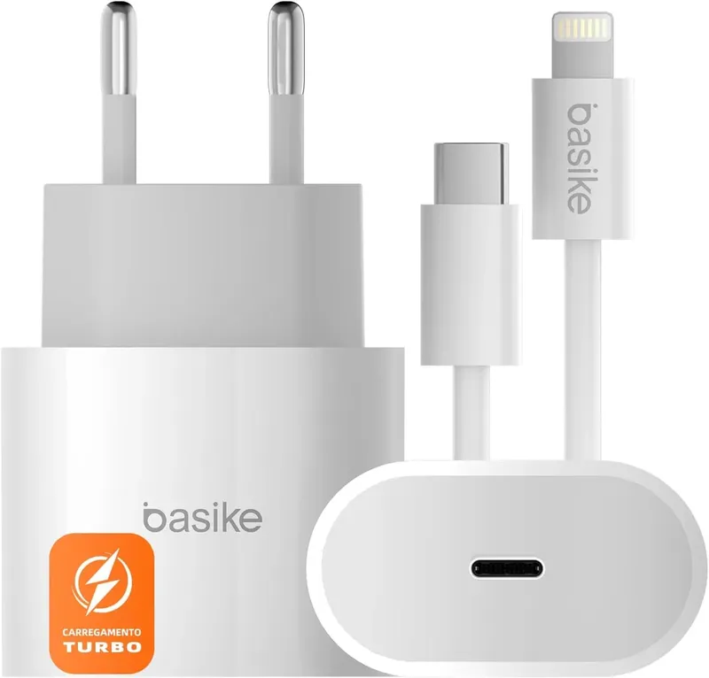Basike Carregador Turbo 20w + Cabo De Dados Lightning (usb-c-lightning), Compatível Iphone X Xr Se 11 12 13 14 (lightning) Carga Rápida