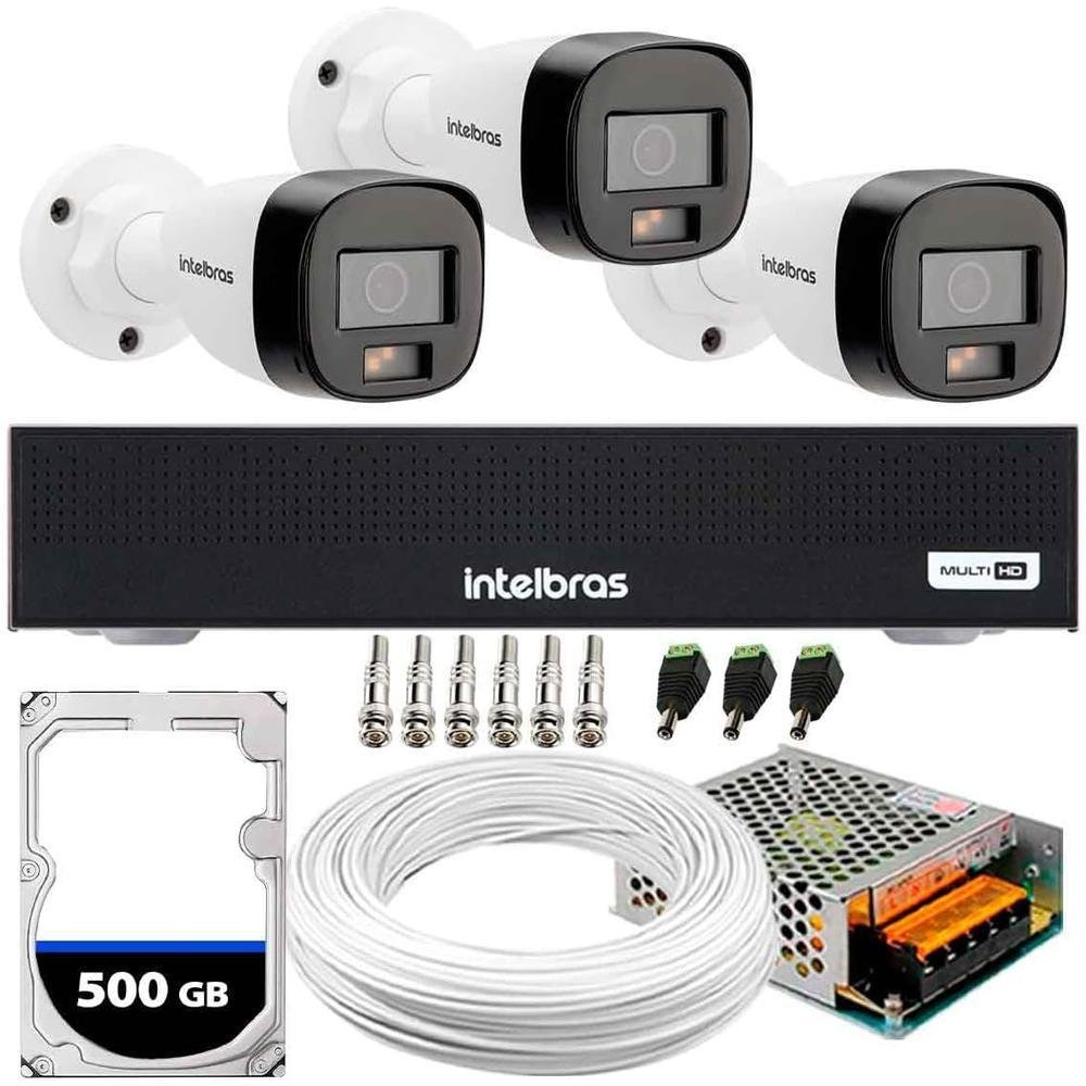 Kit Intelbras, 3 Câmeras VHD 1220 B G7, FULL Color + DVR 3004-c, HD 500GB