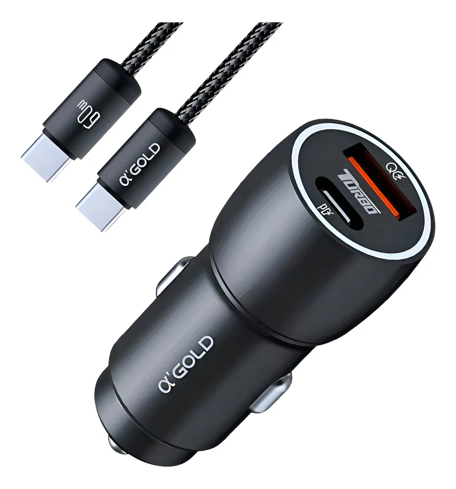 Kit Carregador Veicular Turbo 60w Com Duas Saidas Usb Tipo C A'gold Cj13-3