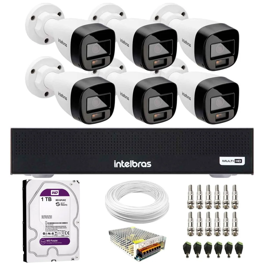 Kit 6 Câmeras Intelbras Vhd 1220b Full Color Visão Noturna 20m Dvr Mhdx 3108c 8 Canais Hd 1TB Purple