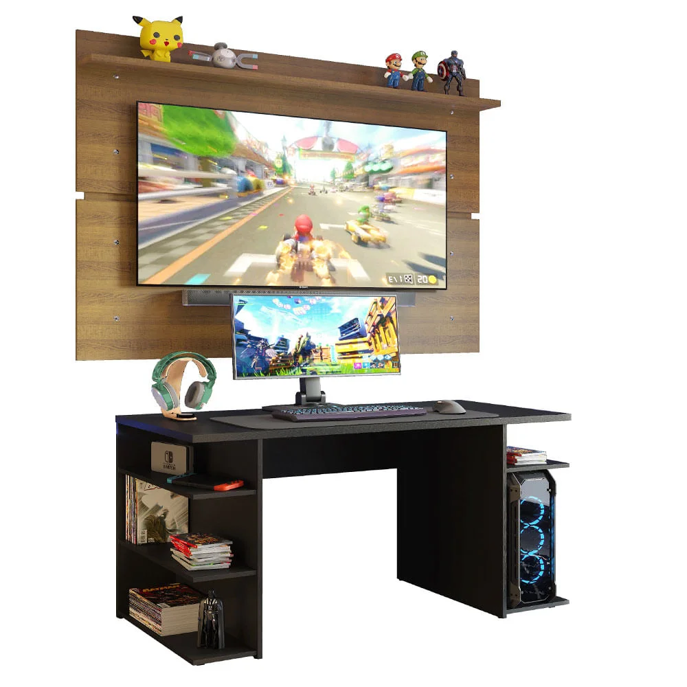 Mesa para Computador Gamer e Painel Tv Madesa, Preto/Rustic
