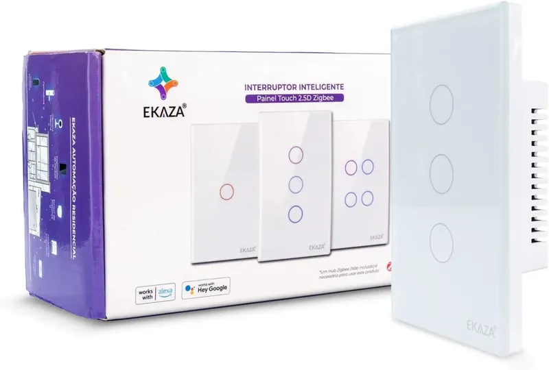 Interruptor Inteligente 3 Botões 4x2 Zigbee Branco Google Home Alexa Ekaza Ekat-t307-3zw