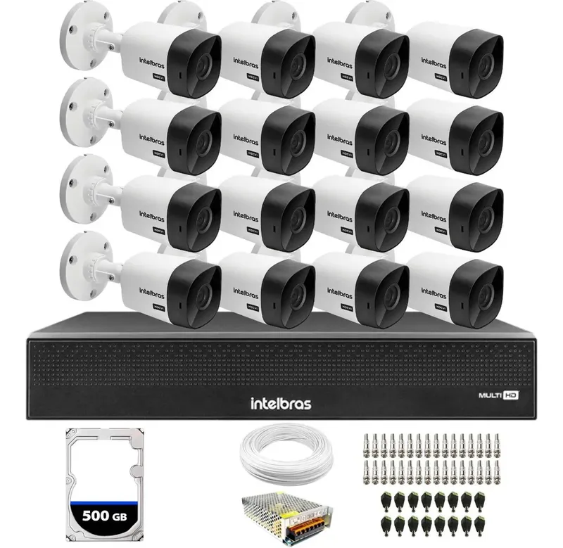 Kit 16 Câmeras Segurança Intelbras 1120b + Dvr Intelbras 16 Canais + HD 500GB