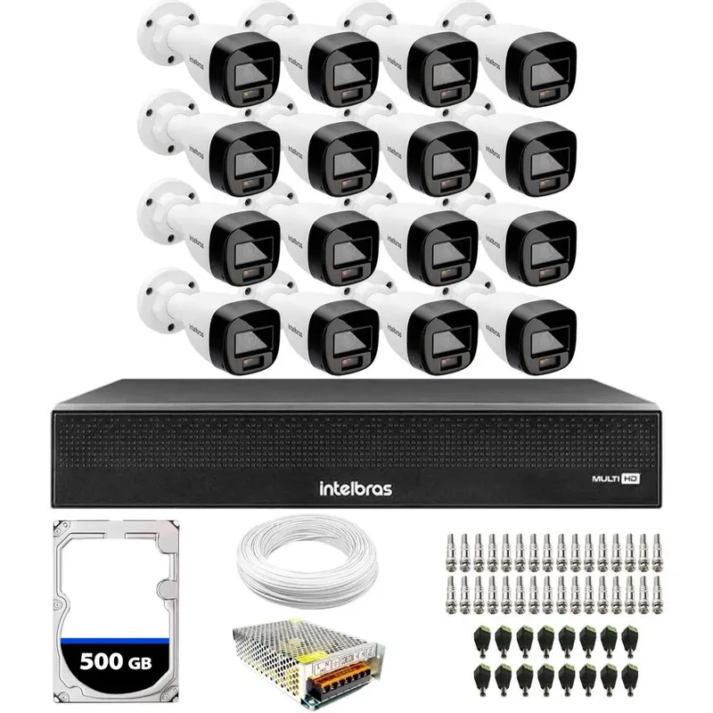 Kit 16 Câmeras Intelbras Vhd 1220 B G7, Full Color, Bullet, Full HD 1080p, Multi Hd Ir 20m + DVR Intelbras Mhdx 3116-c 16 Canais + HD 500GB