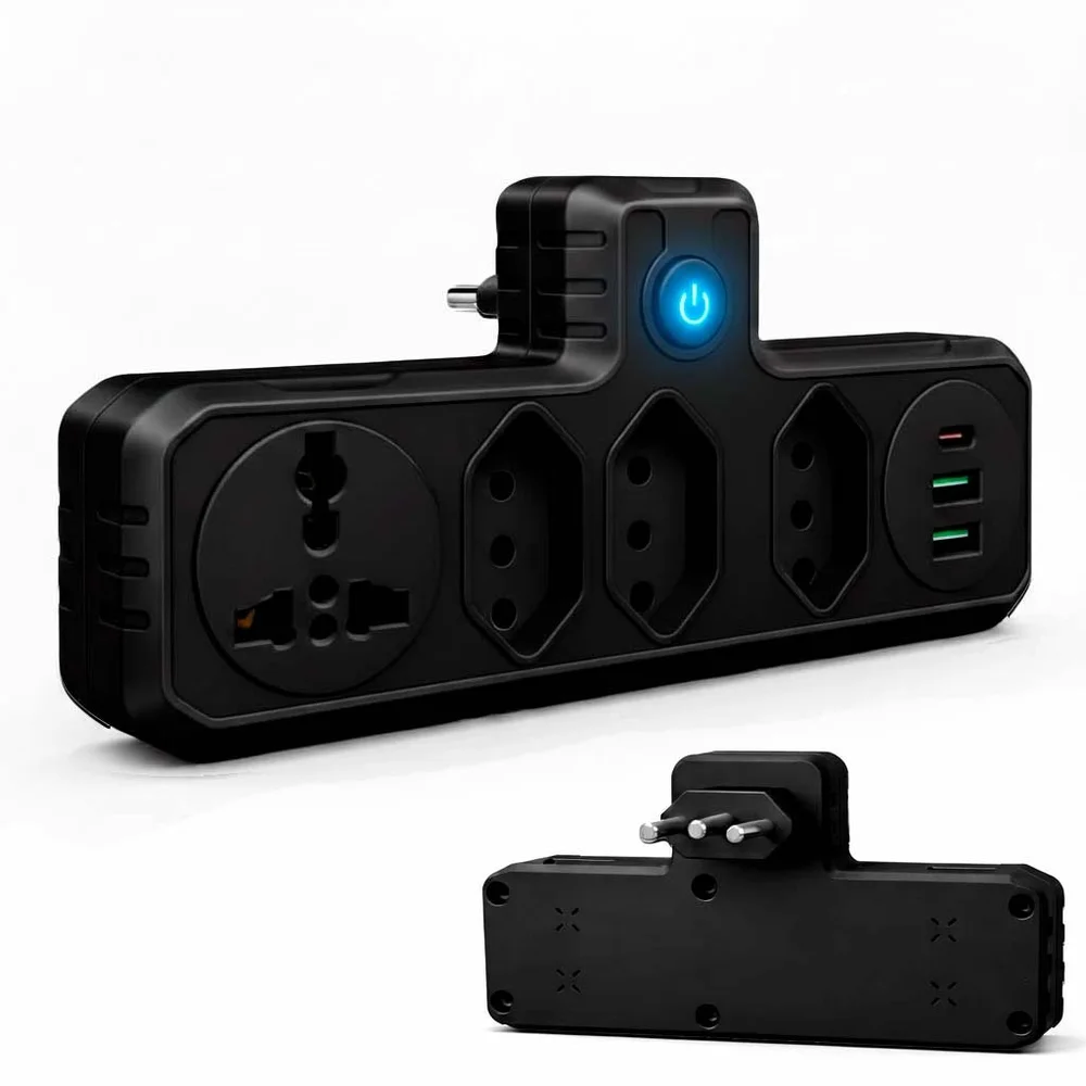 Filtro De Linha Benjamin Adaptador Universal 2 Usb Rapido 1 Tipo C Com Tomada Internacional E 3 Tomada 3p Bivolt -branco