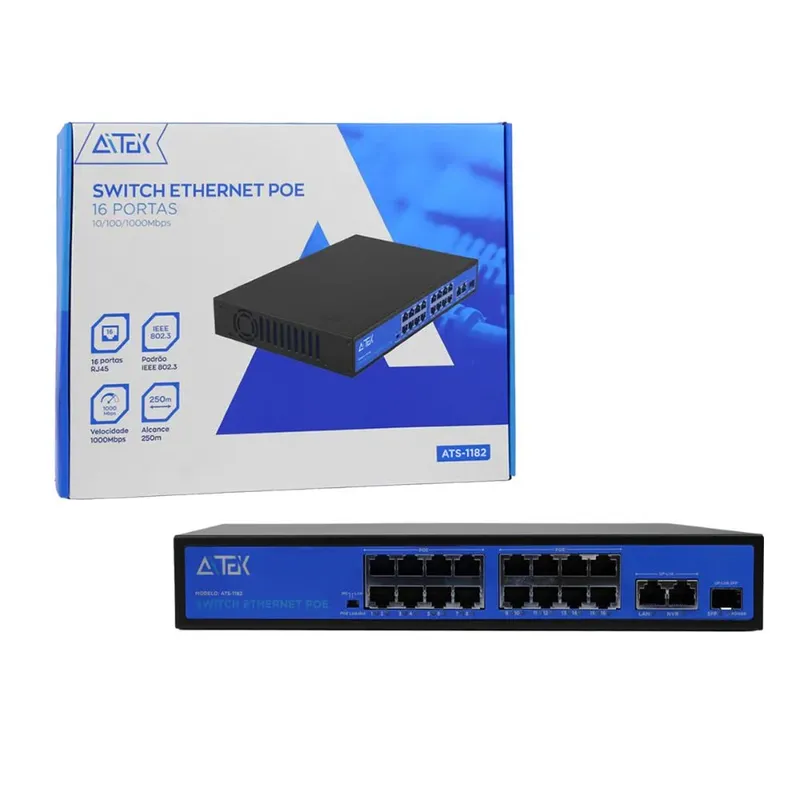 Switch Poe 16 Portas Rj45 Gigabit 10/100/1000mbps 1 Sfp Para Redes E Cftv