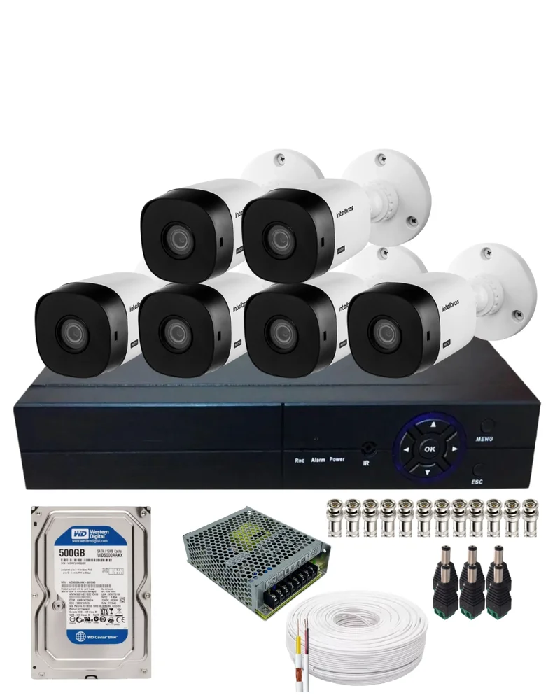 Kit 6 Câmeras Segurança Intelbras Vhd 1220b Full Hd 2mp Dvr 08 Canais Com Hd 500gb Instalado