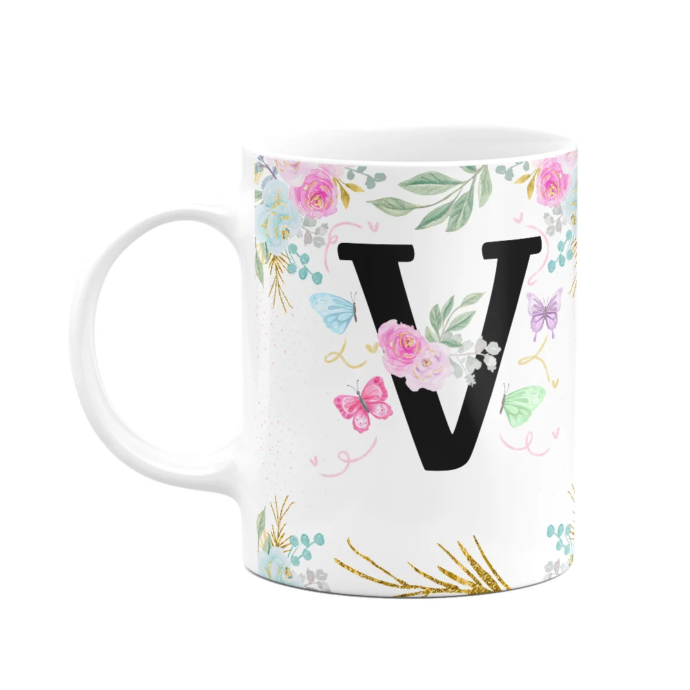 Caneca Floral Inicial Letra V 325ml