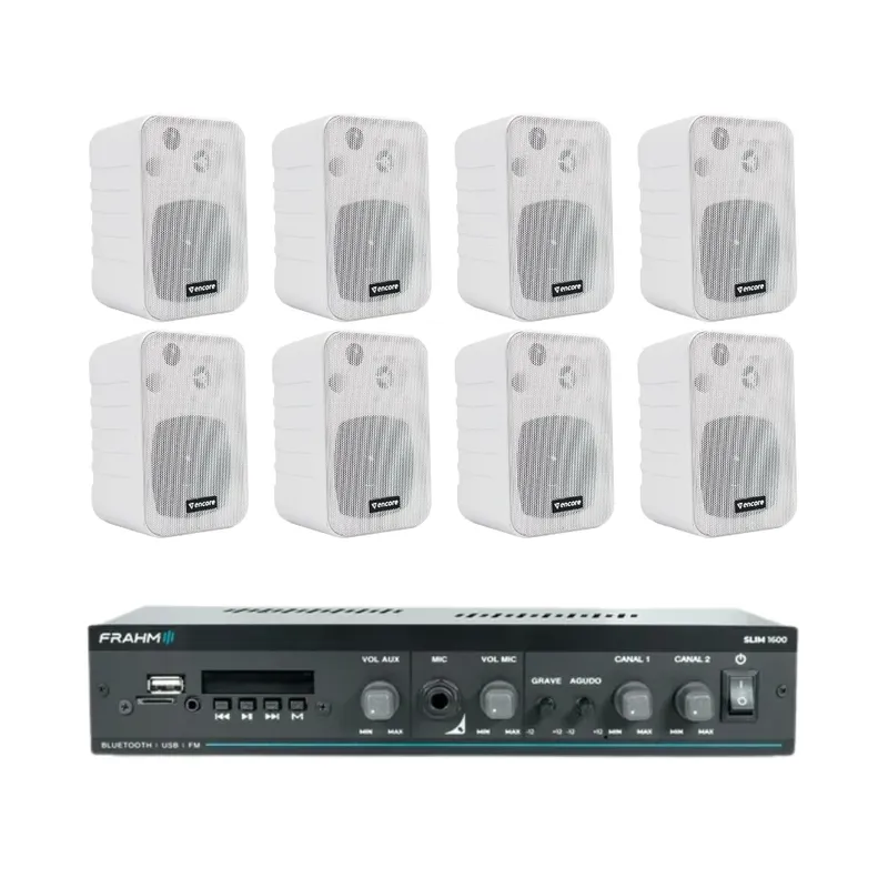 Kit Amplificador Frahm Slim 1600 G5 + 8 Caixas Acústicas Enc70 Encore Branco