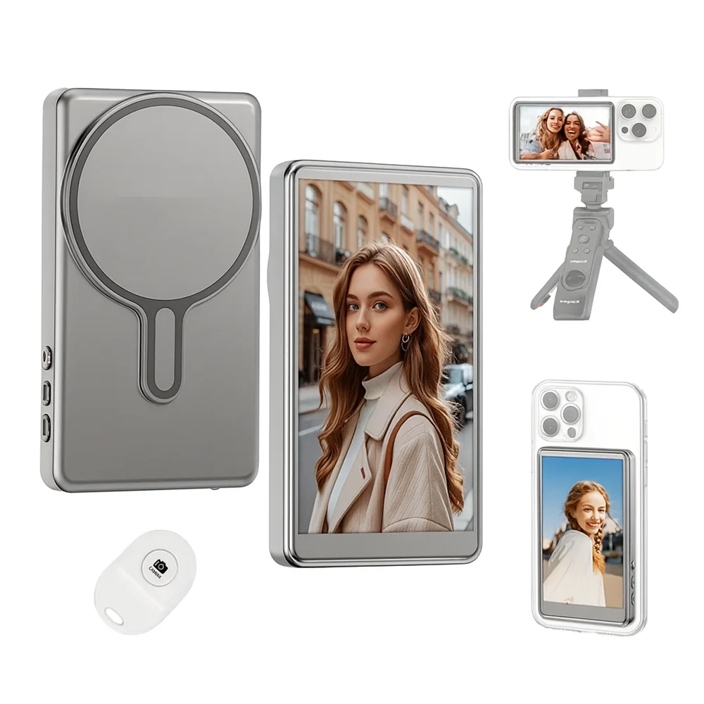 Tela Monitor de Selfie Vlog para Celular com Fixação Magnética, Conexão Sem Fio, Bateria Recarregável e Acessórios Inclusos