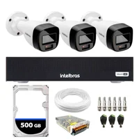 Kit 3 Câmeras Intelbras VHD 1220 B, G7 FULL Color Bullet, FULL HD 1080P, Multi HD IR 20M + DVR Gravador De Vídeo Intelbras MHDX 3004-c + HD 500GB