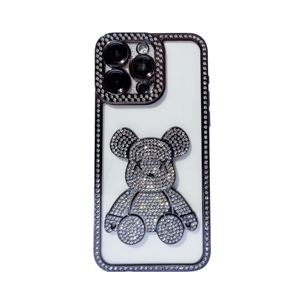 Capa Celular Compatível Iphone 15 Com Urso De Diamante Luxo Cor:preto