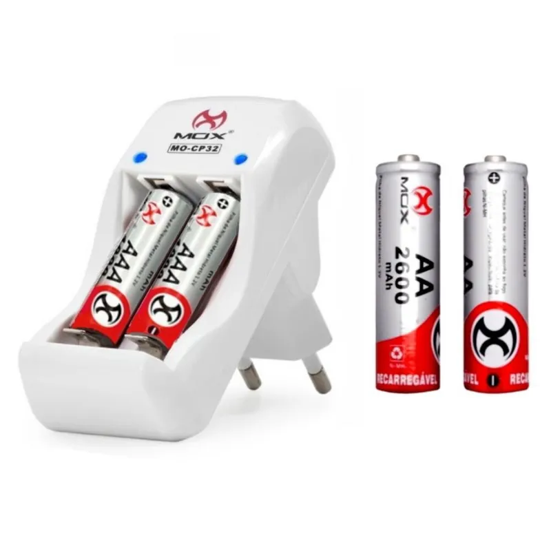 Carregador De Pilhas Mox, Rápido Com 2 Pilhas 3a Palito - Mo-cp32