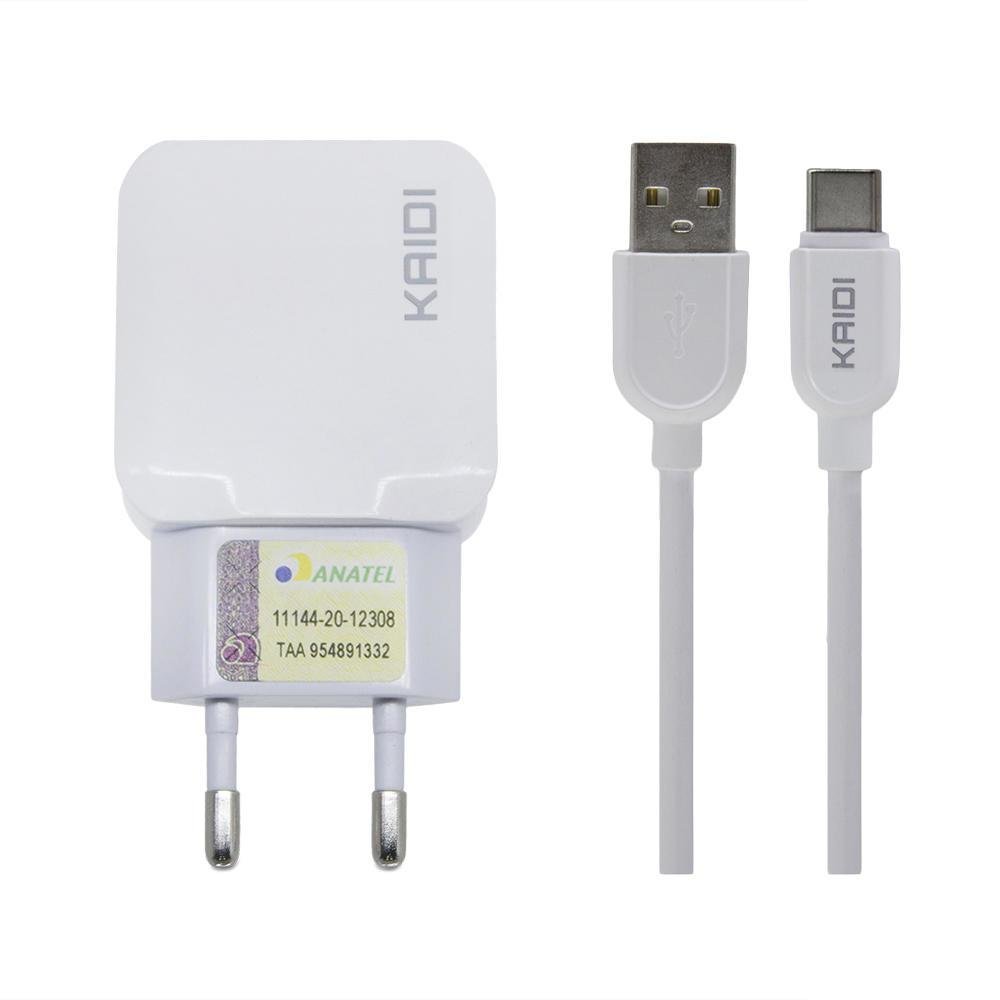 Carregador De Tomada Duplo Usb Com Cabo Tipo-c Kaidi Kd-301c