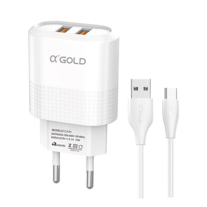 Carregador Completo Turbo 4.1a 2 Usb Completo Cabo Tipo-c Ca34-3/tipo-c